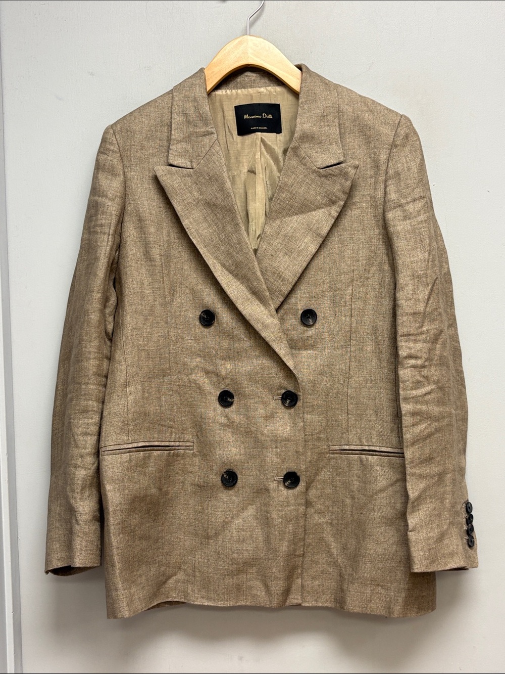 Massimo Dutti 100% Linen Double Breasted Blazer Tan Italian Fabric Size 8
